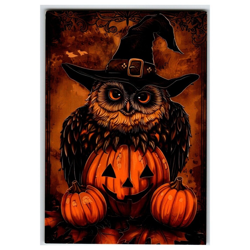 Halloween Owl Witch Hat Jack-o'-Lantern Pumpkin Spooky Art Postcard